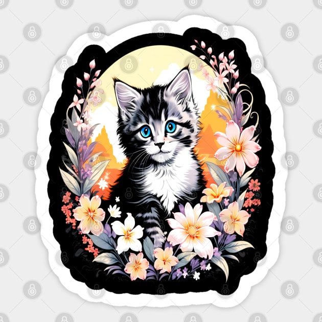 Black and Grey Kitten Surrounded by Spring Flowers Sticker by BirdsnStuff